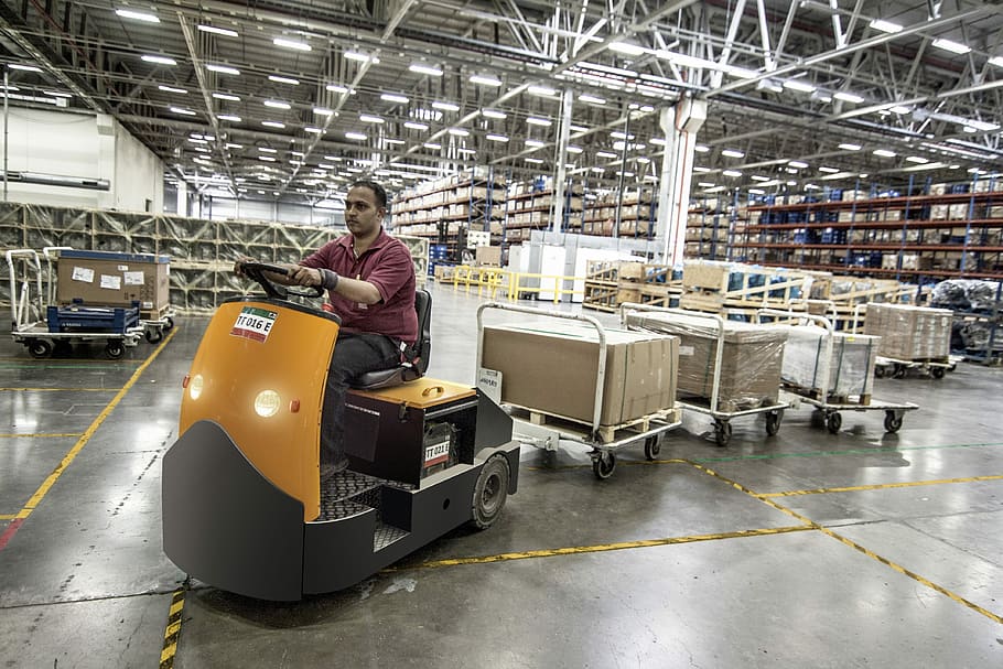 man, driving, cart, boxes, inside, building, forklift, warehouse, machine, worker