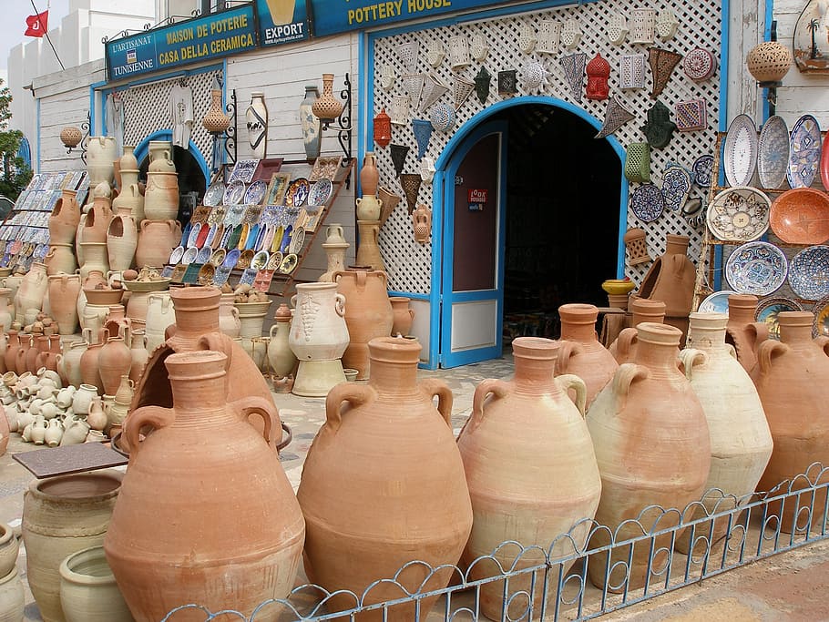 cerâmica, artesanato, recipiente, oleiro, tunísia, arte e artesanato, criatividade, ninguém, louça de barro, grande grupo de objetos