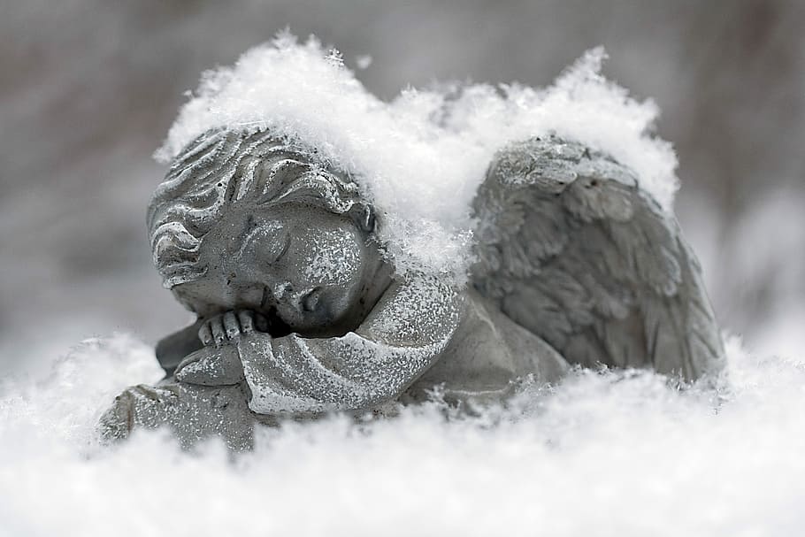 sleeping, angel figurine, covered, snow, winter, frost, frozen, angel, statue, cold temperature