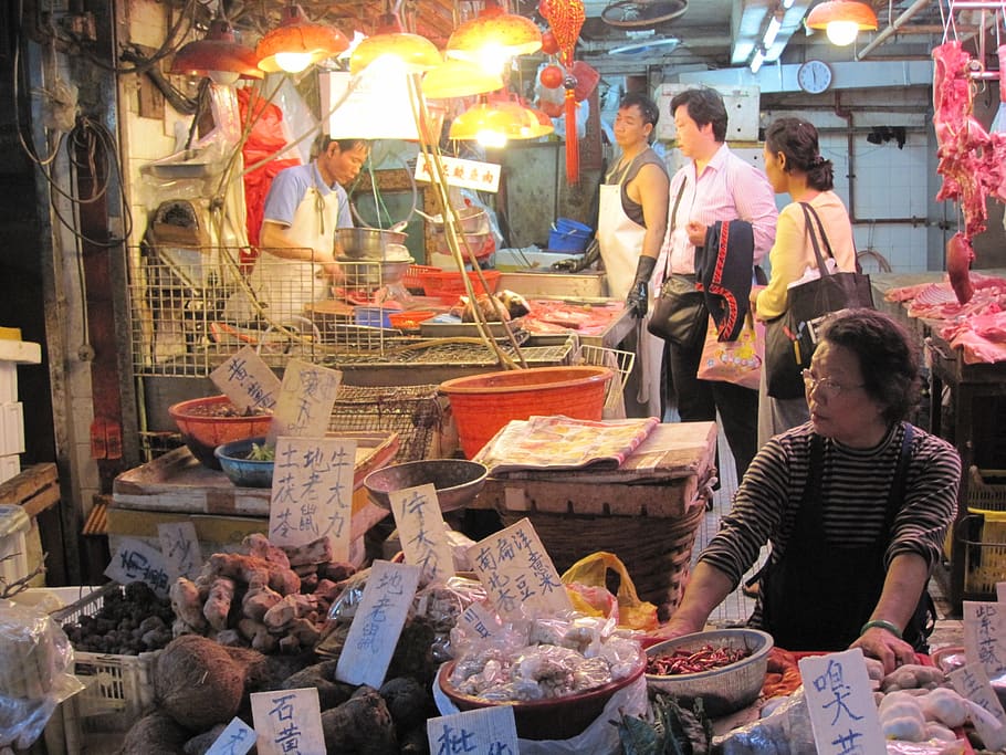 china, mercado, chino, venta minorista, comida, puesto en el mercado, personas reales, comida y bebida, hombres, grupo de personas