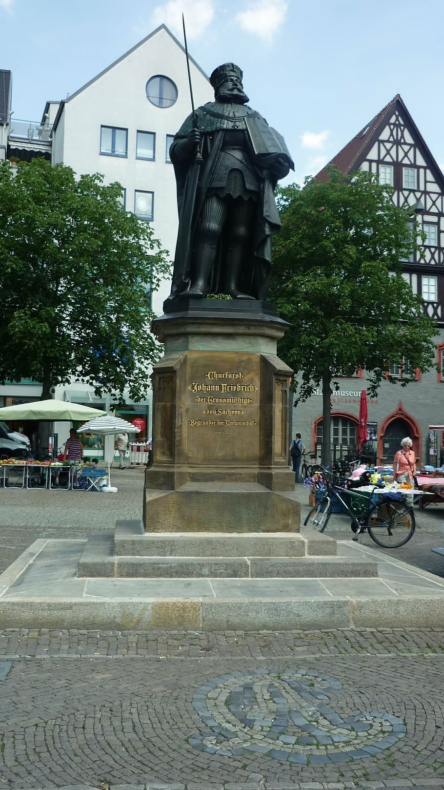 hanfried, thuringian monument, bronze statue, marketplace, jena, the founder of the university of, colorful city life, farmers local market, sales booths, architecture