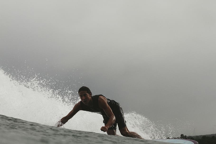 person surfboarding, man, black, wet, suit, riding, surfboard, gray, sky, sea