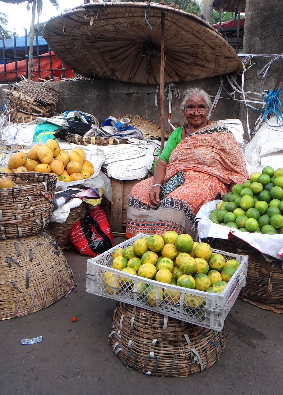 india, mujer, mercado, verduras, venta, fruta, vendedor, trabajo, negocios, asia