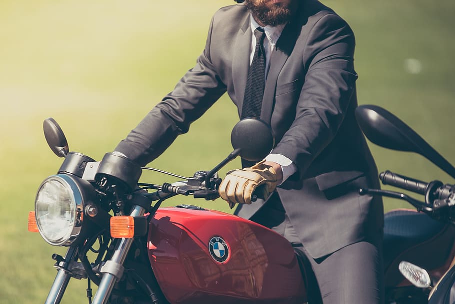 man, black, formal, suit, riding, red, bmw, standard, motorcycle, adult