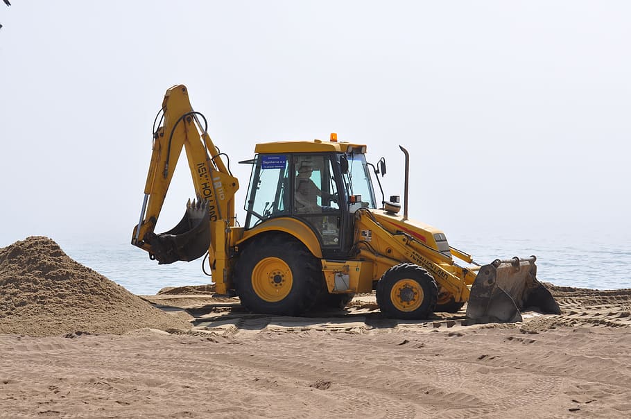 person, riding, yellow, backhoe, body, water, daytime, Excavator, Sandbox, Sand