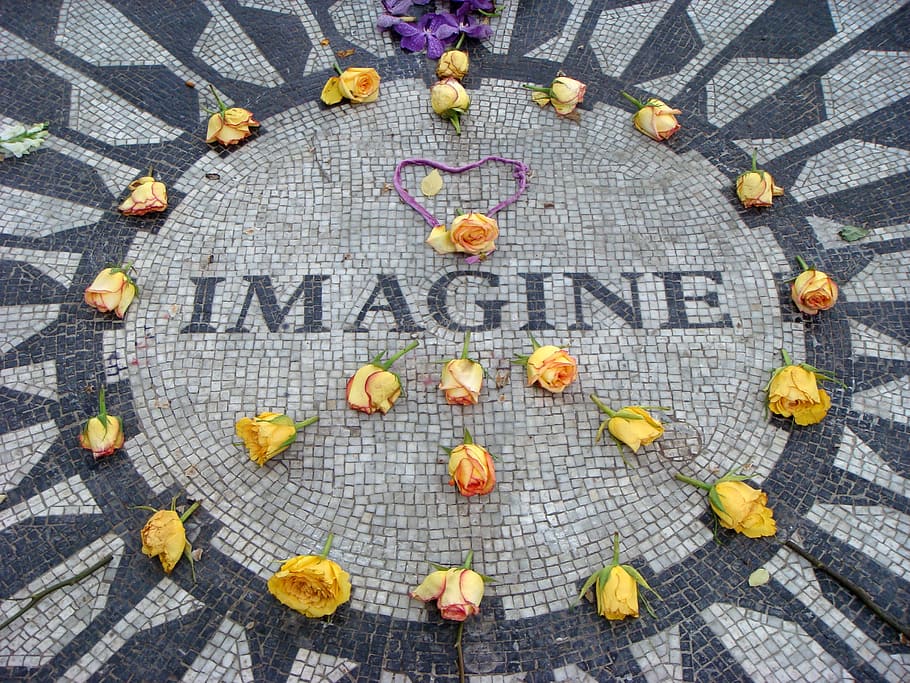 rosas, espalhadas, calçada, John Lennon, cidade de Nova York, imagine, central park, the beatles, campos de morangos, símbolo