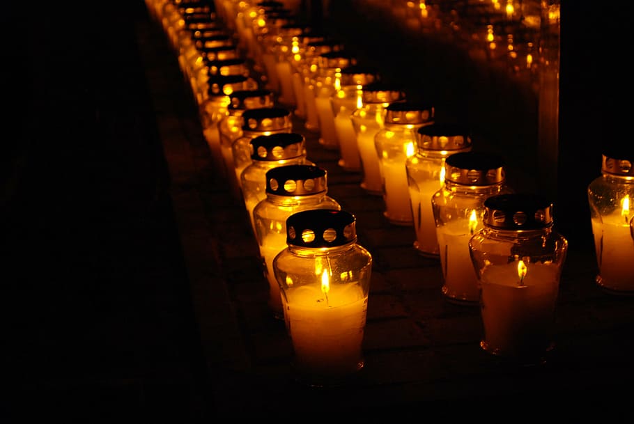 yellow glass bottle, cemetery, candle, candles, light, the dead, all saints ' day, in a row, illuminated, indoors