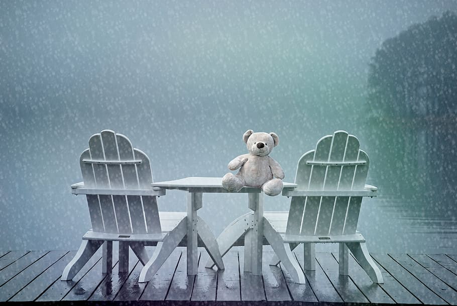 白, クマ, ぬいぐるみ, おもちゃ, 木製, テーブル, まだ, テディベア, 孤独, 忘れる