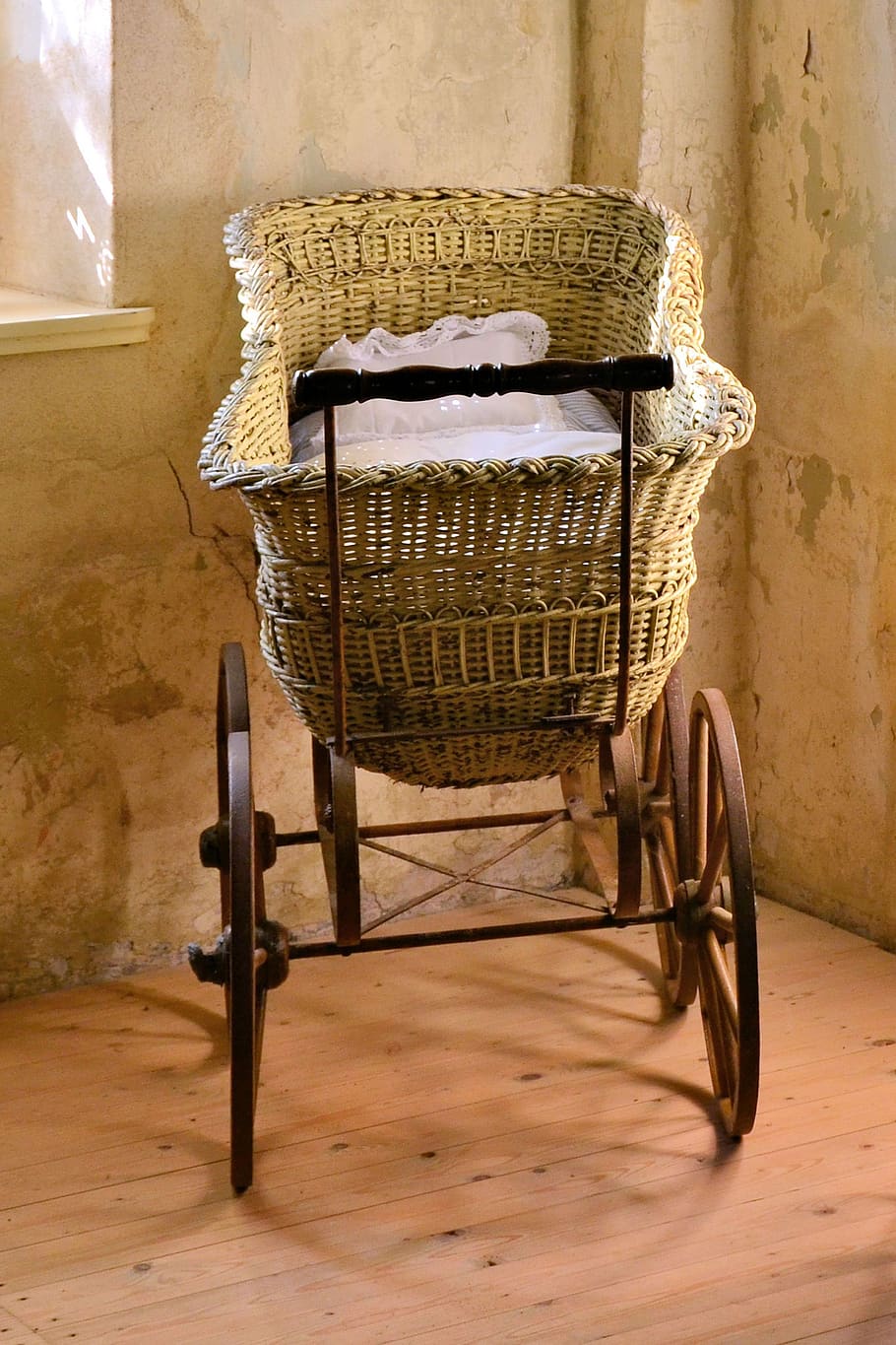 baby carriage, old, historically, nostalgia, vintage, indoors, chair, wood - material, wall - building feature, seat