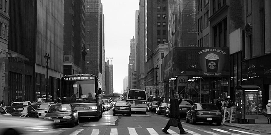 grayscale photo, person, walking, pedestrian, lane, manhattan, avenue, street, urban, city