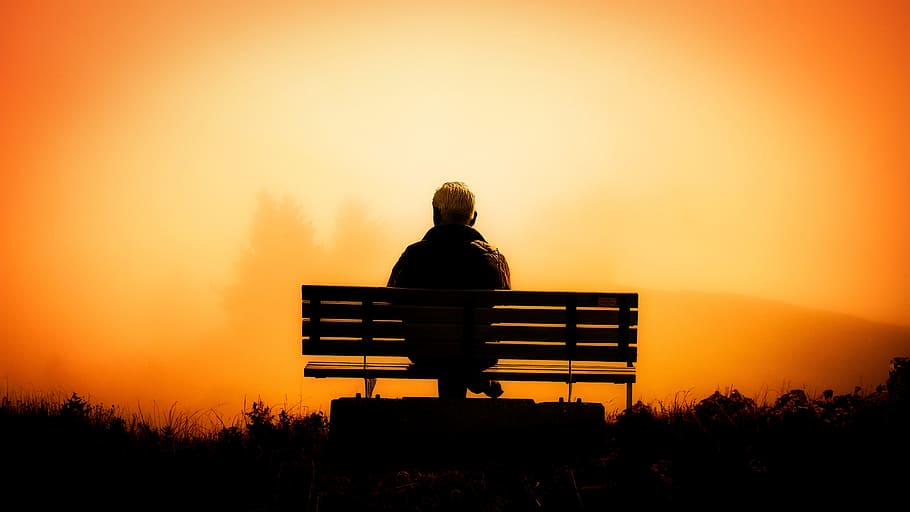 man, sitting, bench, taken, sunset, pension, third age, enjoy, rest, silence
