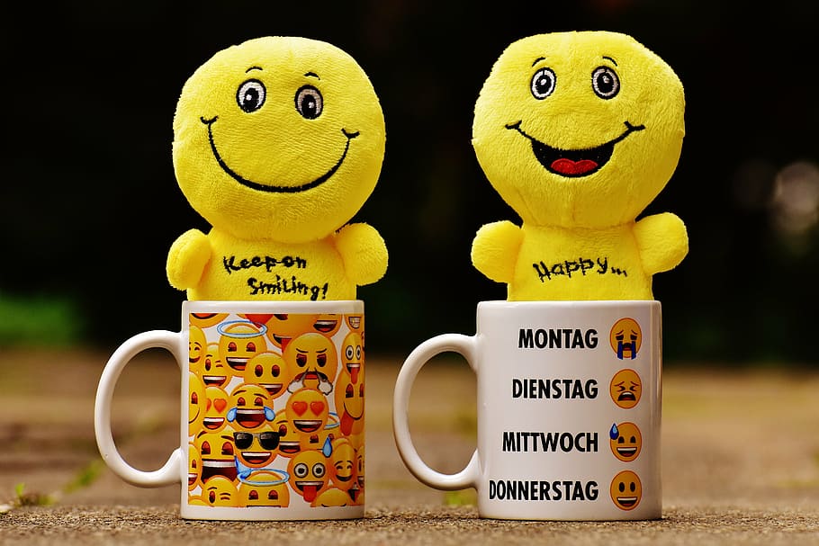 dua, kuning, emoji, mewah, mainan, putih, keramik, mug, smilies, t