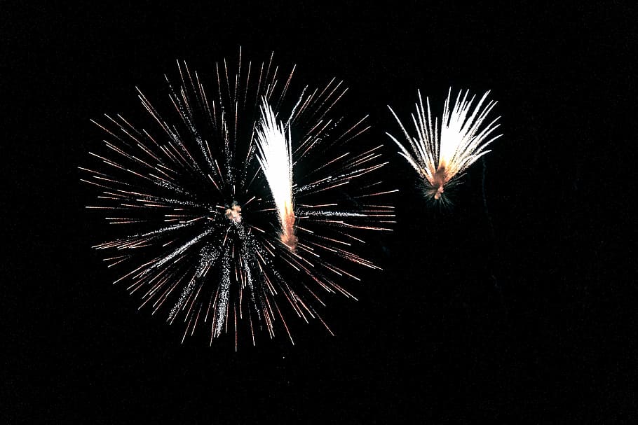 fireworks display, fireworks, sparks, party, fire, light, celebration, night, black, still