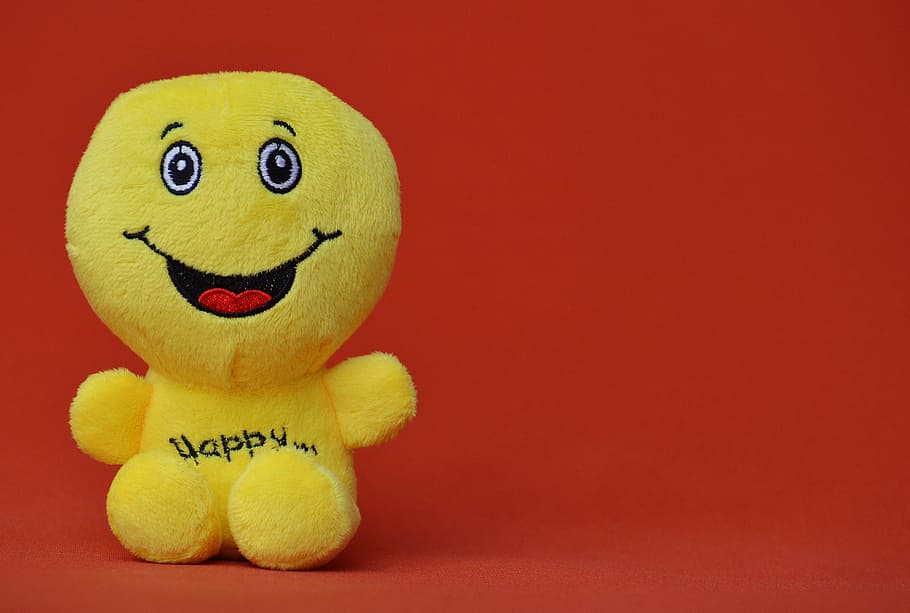 emoji, plush, toy, red-orange background, yellow, Happy, emoticon, plush toy, smiley, laugh