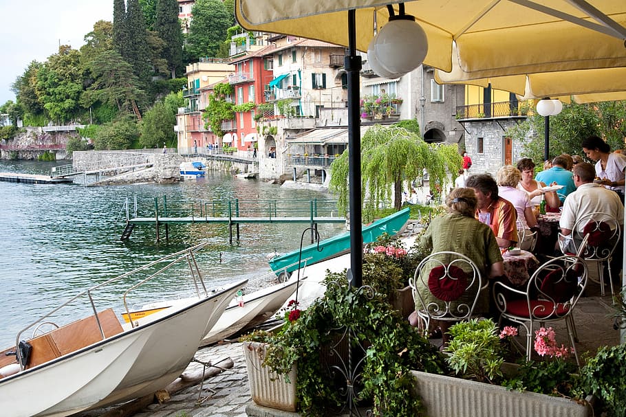 Restaurante, cafetería, al aire libre, Italia, mesa, almuerzo, menú del restaurante, negocios, playa, agua