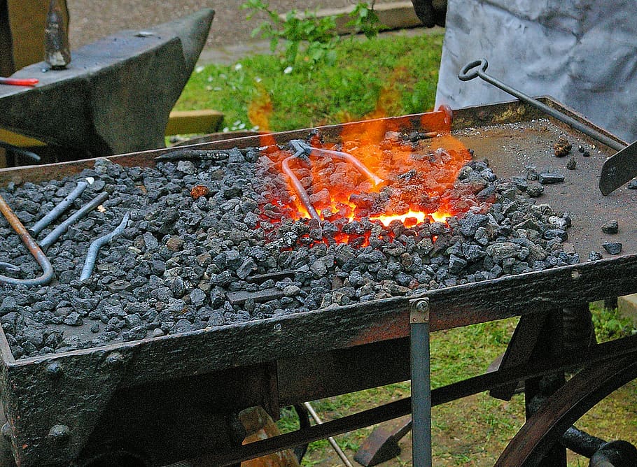 fire, forge, embers, glow, craft, blacksmith, middle ages, coal, hot, burning