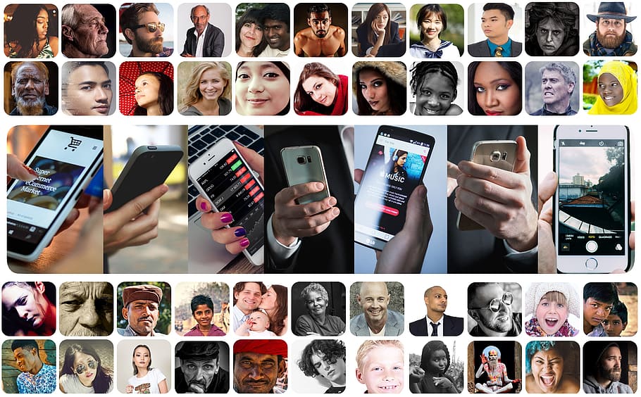 person, holding, silver iphone 6 collage, personal, network, smartphone, hand, photo montage, faces, photo album