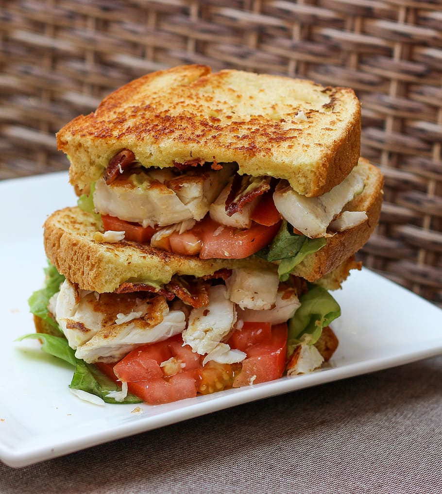 salad sandwich, plate, Salad, Sandwich, chicken, food, photos, public domain, tomato, bread
