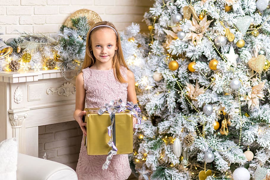 Chica, celebración, caja de regalo, al lado, árbol de navidad, niño, navidad, personas, temporada, felicidad