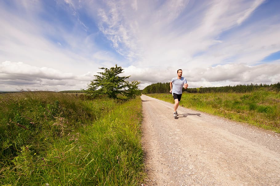 man, running, dirt road, daytime, people, exercise, jogging, sport, run, road