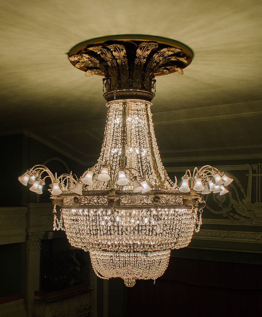 brown, clear, crystal chandelier, turned, Chandelier, Ceiling, Headlamps, ceiling luminaire, light, yellow