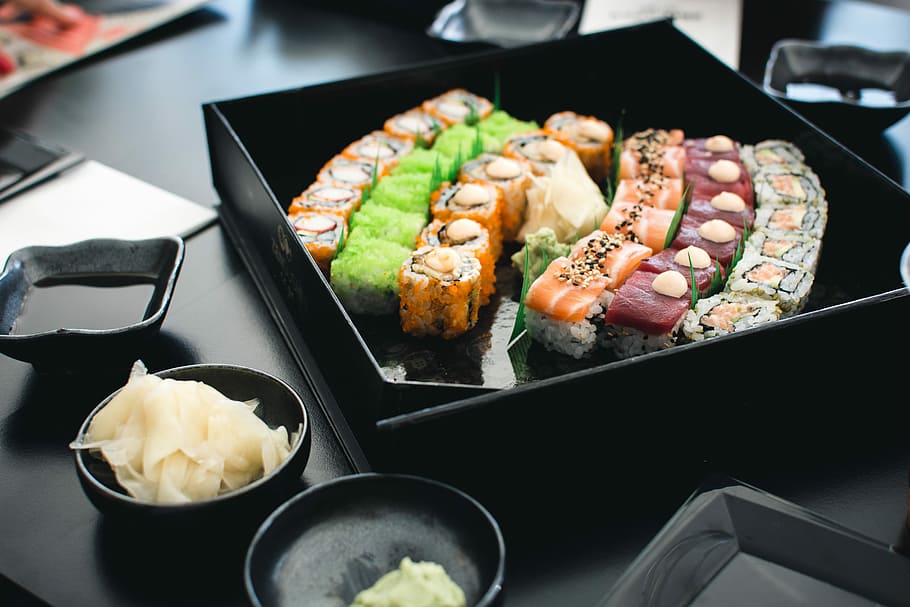 sushi, preto, caixa, Colorido, caixa preta, peixe, japonês, Malta, arroz, comida