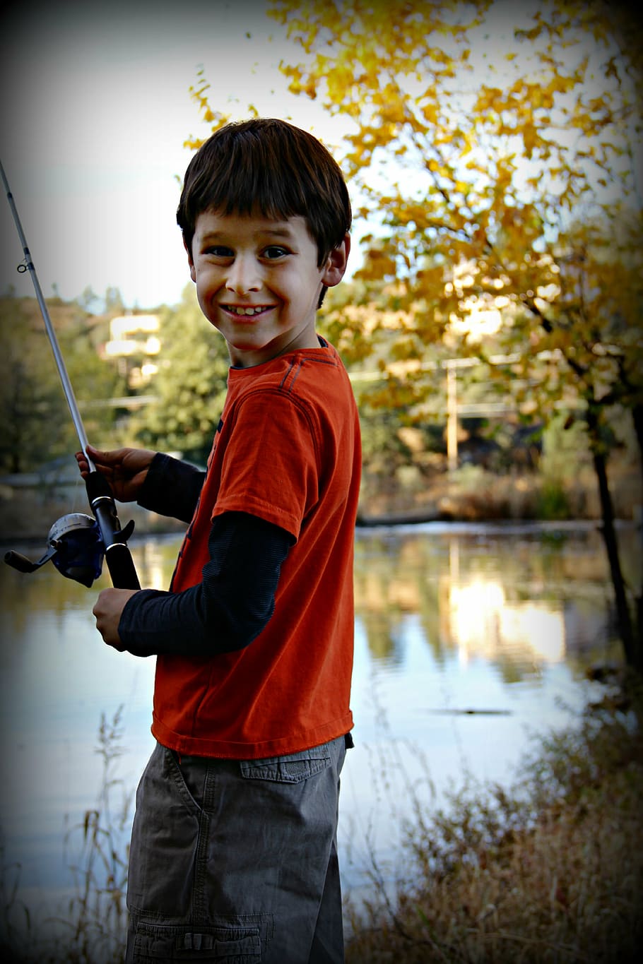 boy, red, shirt, holding, fishing, happy, proud, smiling, recreation, child