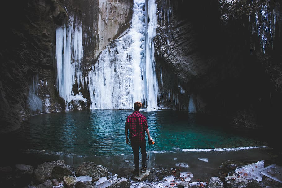 man, standing, body, water, falls, nature, mountain, forest, trip, adventure