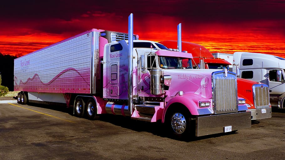 truck, american, transport, sunset, female, vehicle, traffic, parking, trailer, rest