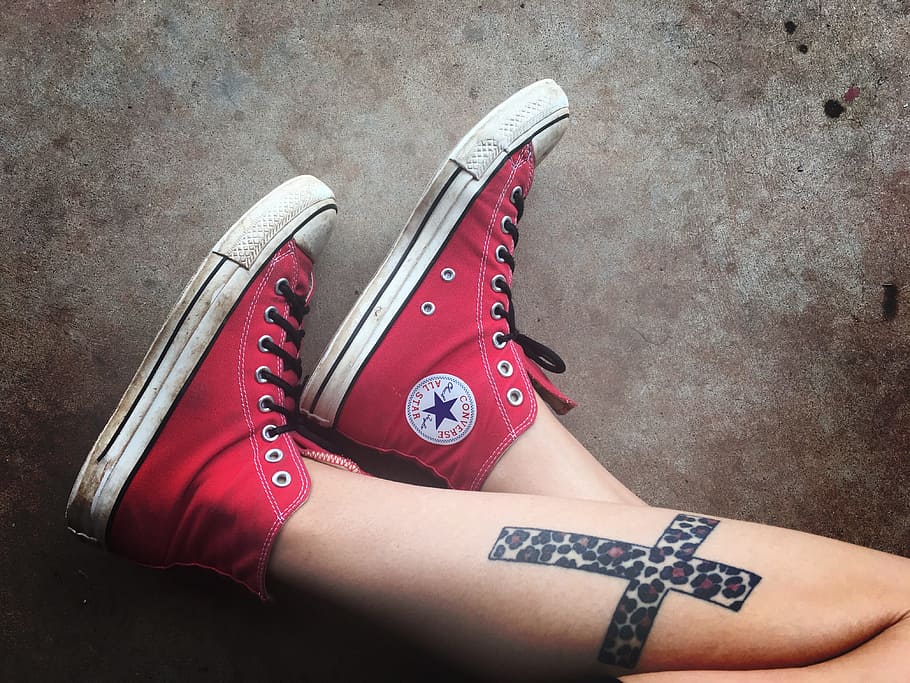 person, wearing, red, converse, chuck taylor, high-rise, shoes, tattoos, sneakers, cross