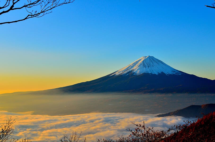 mount, fuji japan, day time, mt fuji, sea of clouds, sunrise, mountain, scenics - nature, volcano, sky