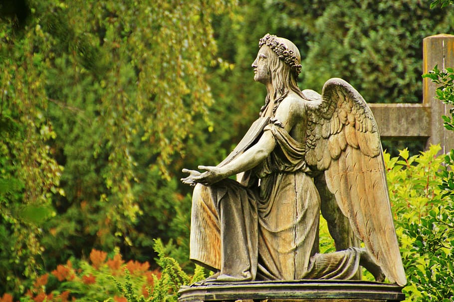 female, angel statue, green, trees, angel, stone angel, sculpture, grave, tombstone, cemetery