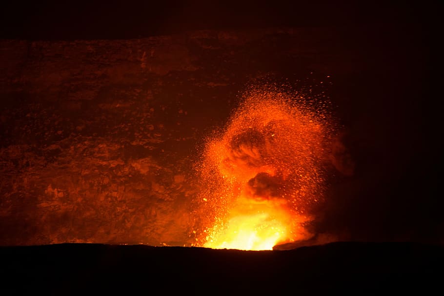 volcano, lava, flowing, eruption, landscape, active, hot, geological, crater, night