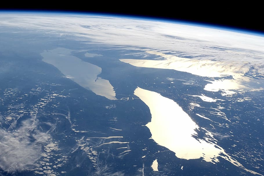 outerspace photography, earth, space, view, cosmos, canada, usa, great lakes, reflection, nasa