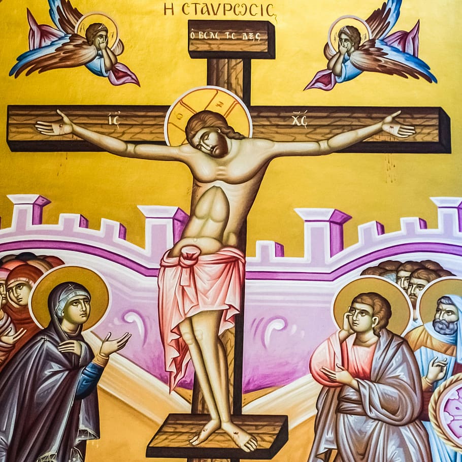 crucifixion of christ, iconography, painting, church, orthodox, religion, christianity, cyprus, ayia napa, ayios georgios