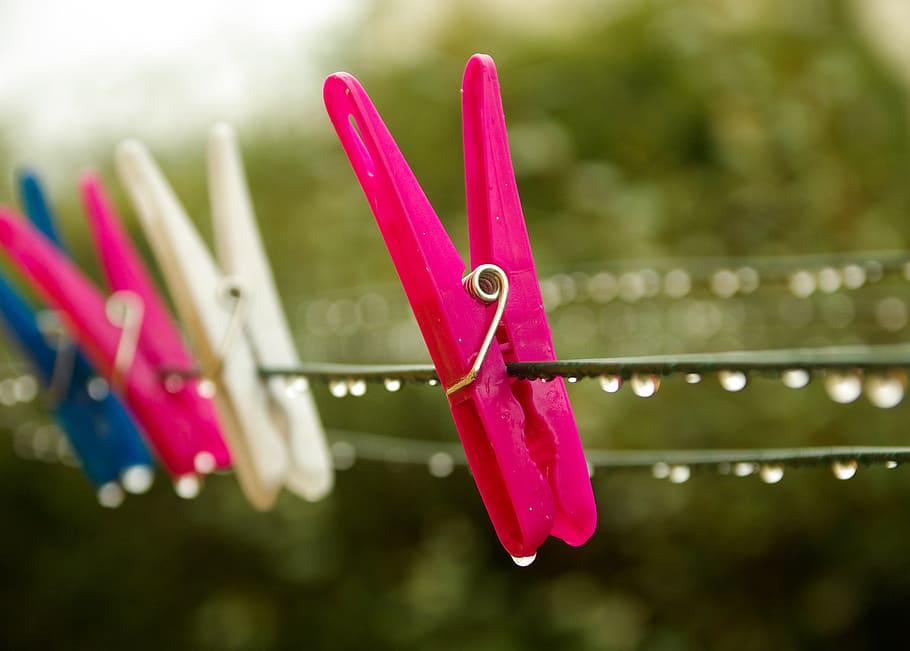 selective, focus photography, clothes, peg, pins laundry, rain, drop of water, clothespin, clothesline, hanging