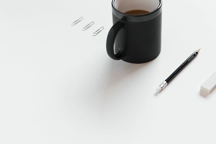 three, gray, paper clip, black, ceramic, coffee mug, pencil, white, surface close-up photo, mug