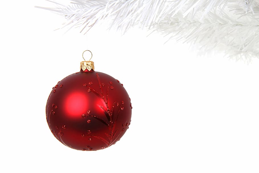 red bauble ornament, ball, bauble, branch, celebration, christmas, decoration, festive, hanging, holiday