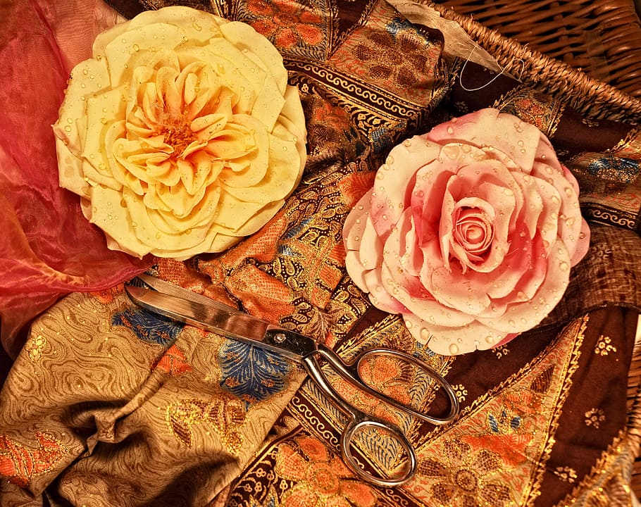 two, yellow, pink, flower accessories, brown, floral, textile, roses, paper roses, flowers