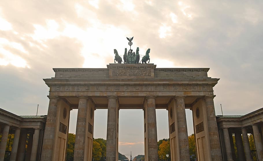 Berlin, Jerman, Struktur, gerbang brandenburg, matahari terbenam, awan, tempat menarik, quadriga, arsitektur, kolom arsitektur