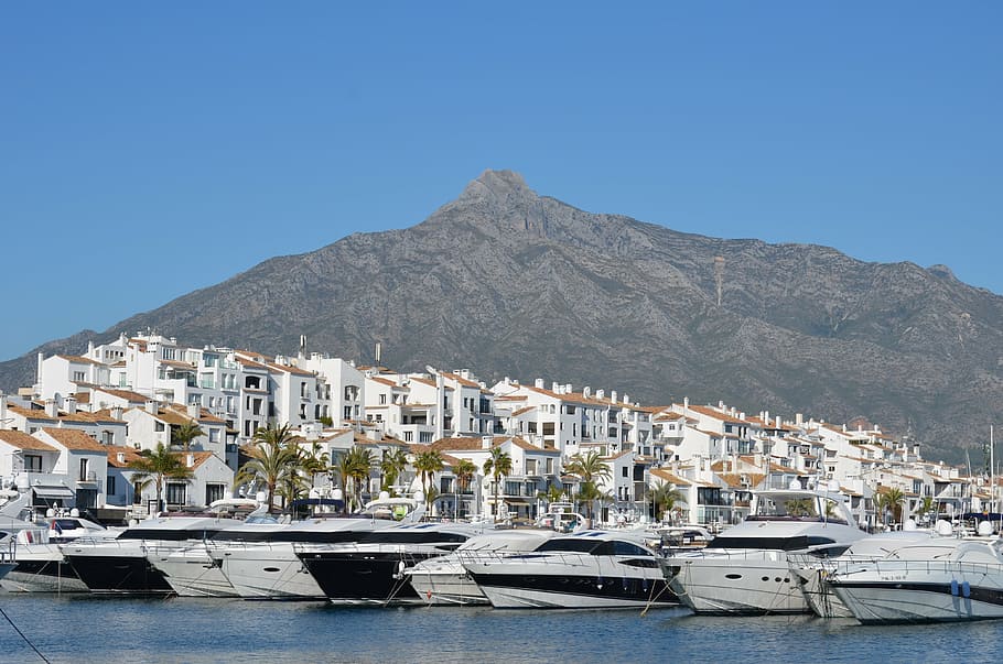 putih, speedboat, mengambang, air, puerto banus, marbella, port, kapal, gunung, sierra