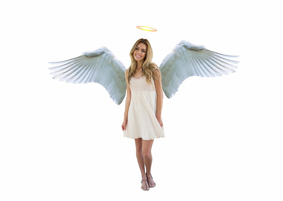 улыбается, женщина, белый, крылья, золотой нимб, ангел, милый, девушка, крыло, защита