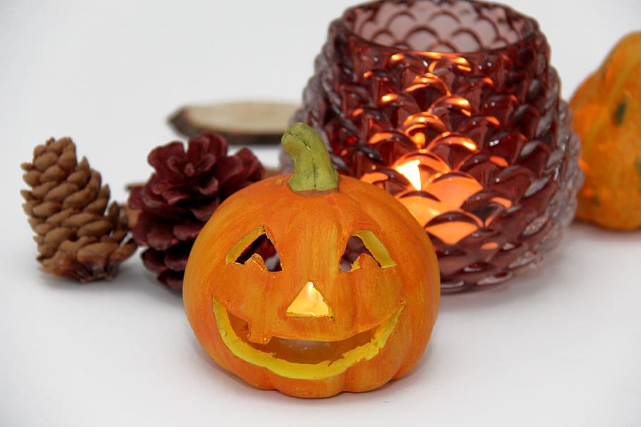 autumn, halloween, pumpkin, tealight, decoration, deco, pine cones, brown, red, orange
