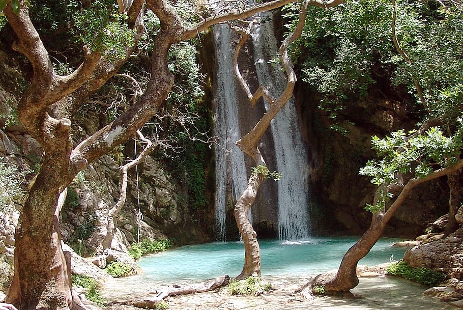waterfall, gorge, lake, romantic, hellas, greece, lonely, tree, water, plant