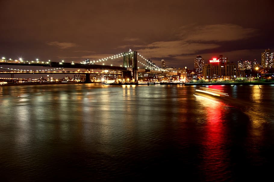 jembatan brooklyn, baru, york, malam, jembatan, new york, lampu, penerangan, refleksi, foto malam