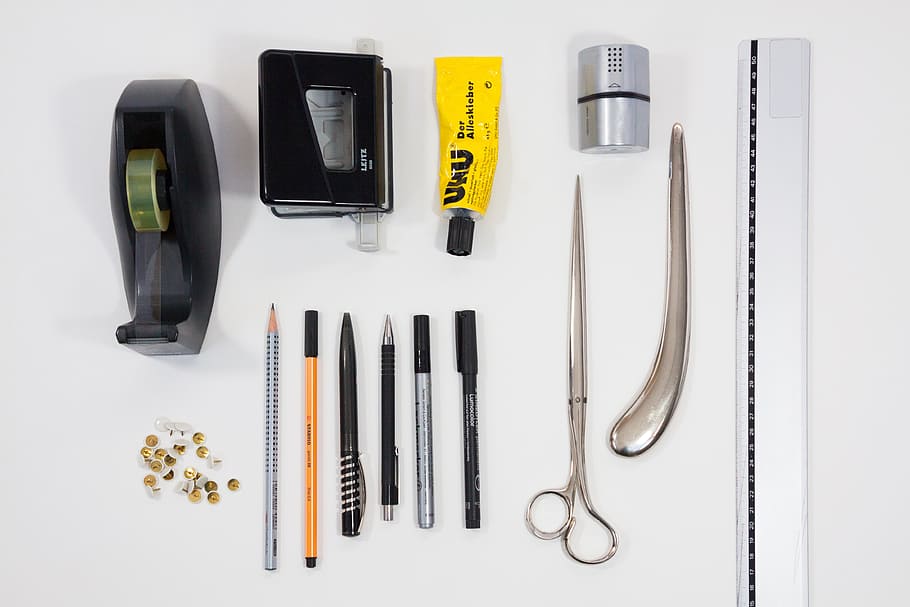 gunting, pena, pita, tabung, putih, permukaan, tesa, tape dispenser, pukulan, perekat