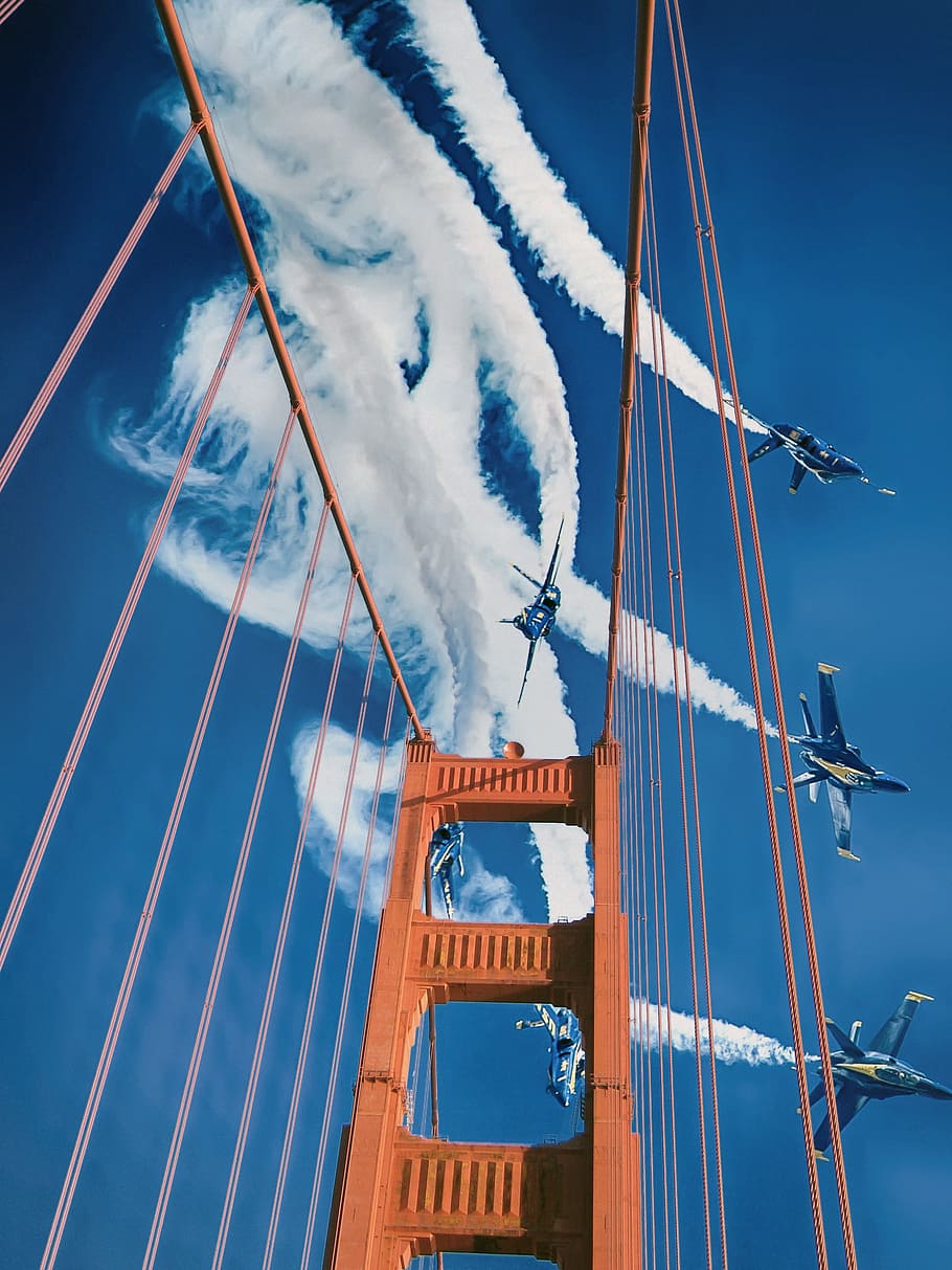 extension bridge, bridge, blue angels, sky, jets, air show, san francisco, golden gate, aircraft, military jets