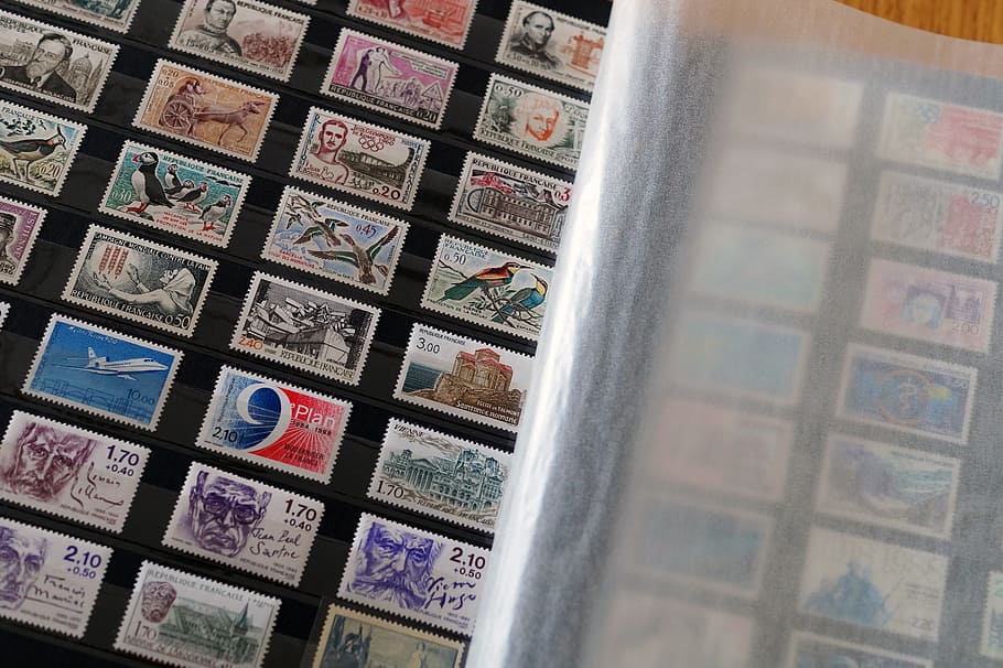 closeup, postage stamp collection, stamps, french stamps, philately, collection, post, stamp collection, indoors, window