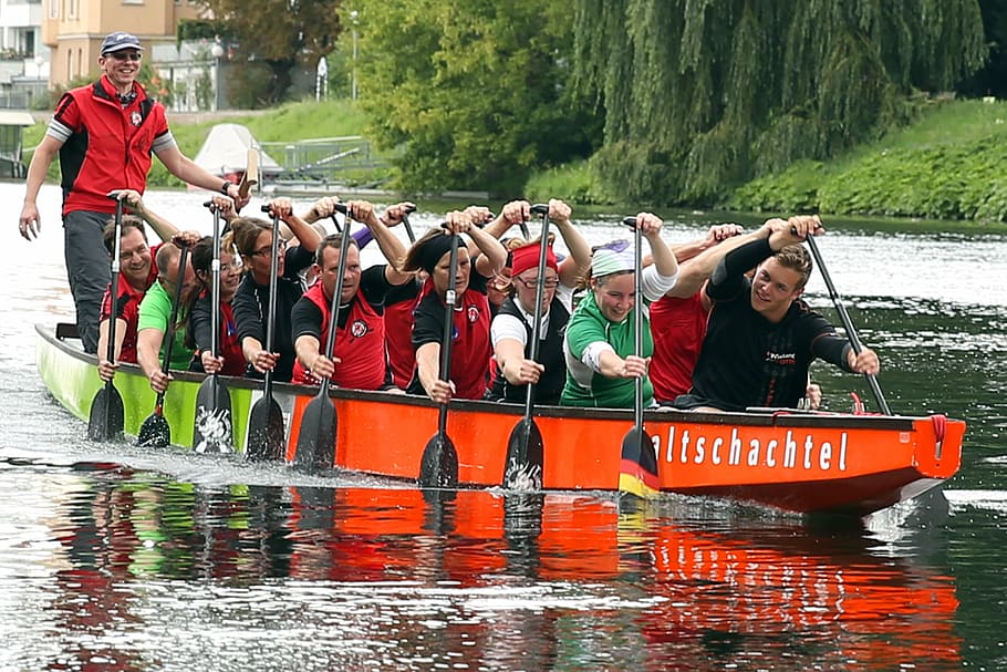 people, red, boat rowing paddles, dragon boat, boot, water sports, competition, sport, tax man, dragon boat race