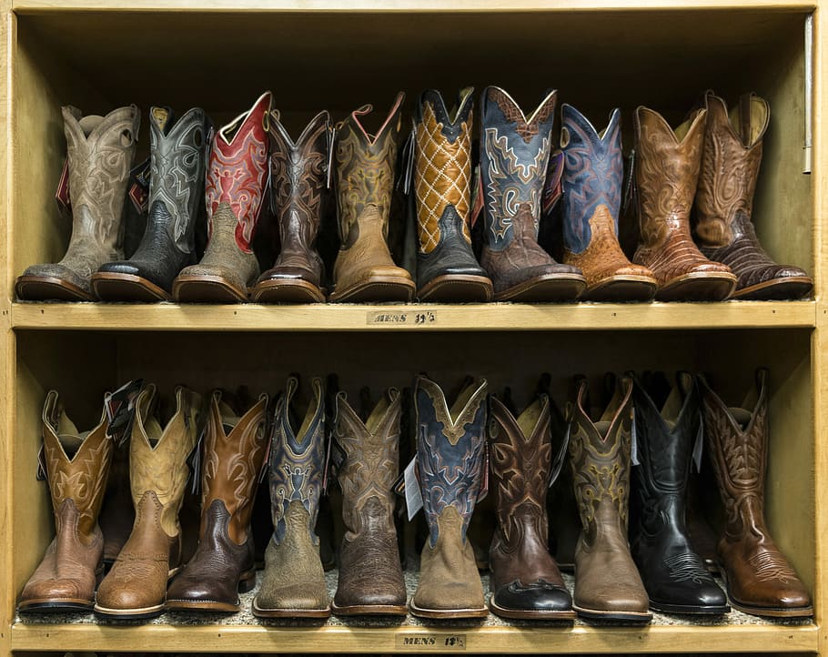 shelf, Boots, on the Shelf, cowboy boots, footwear, leather, public domain, boot, shoe, fashion